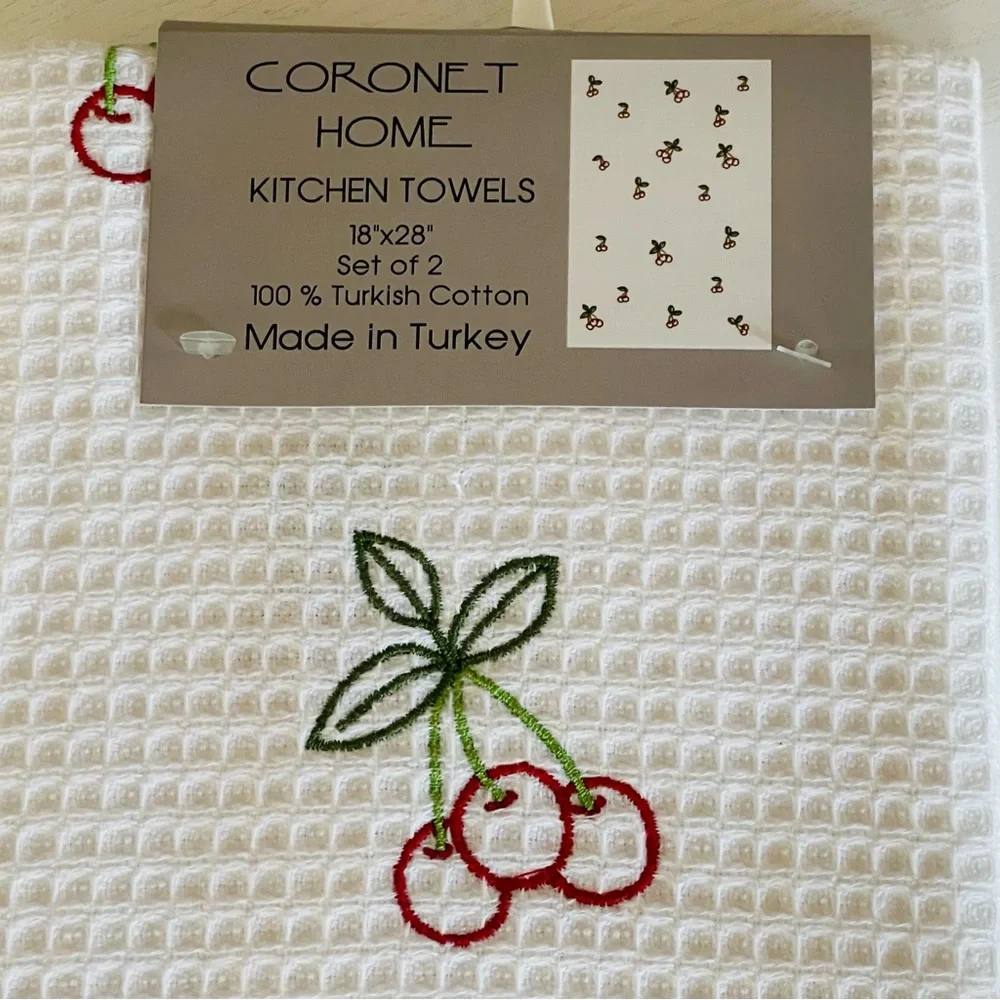 Coronet Home, White, Cherry Red Embroidered Kitchen Towels, Sz 18x28